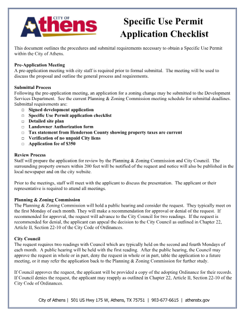 First page of the Specific Use Permit Application Checklist