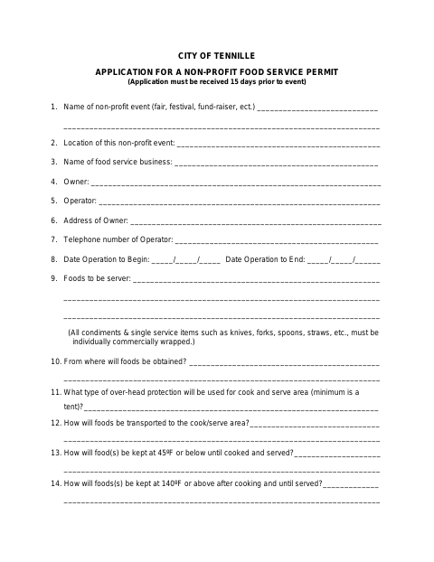 First page of the Nonprofit Food Service Permit Application
