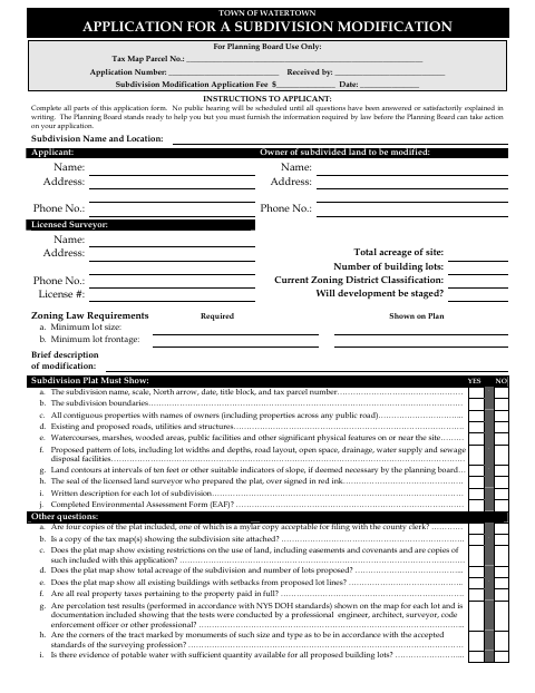 First page of the Subdivision Modification Application
