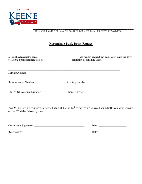 First page of the Discontinue Bank Draft Request
