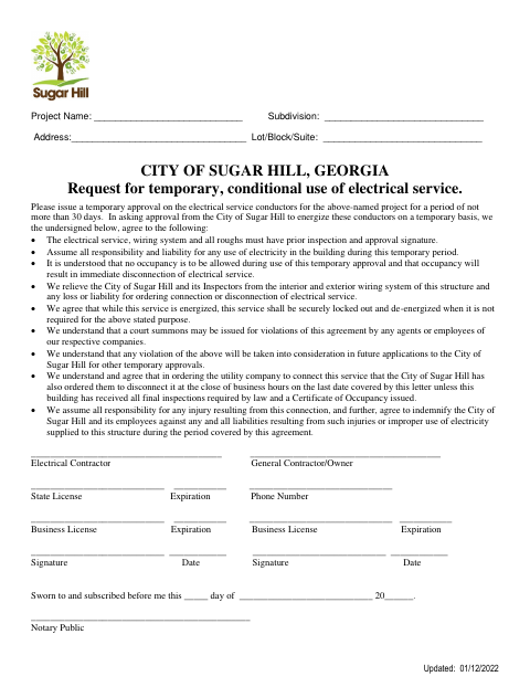 First page of the Temporary Electrical Service Waiver