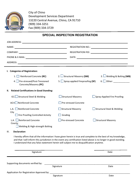 First page of the Special Inspection Registration