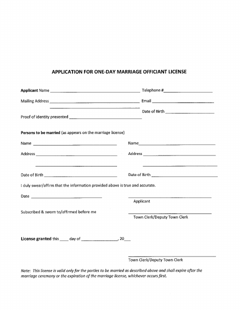 First page of the One-Day Marriage Officiant License Application