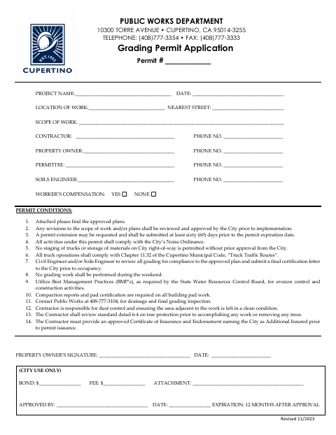 First page of the Grading Permit Application