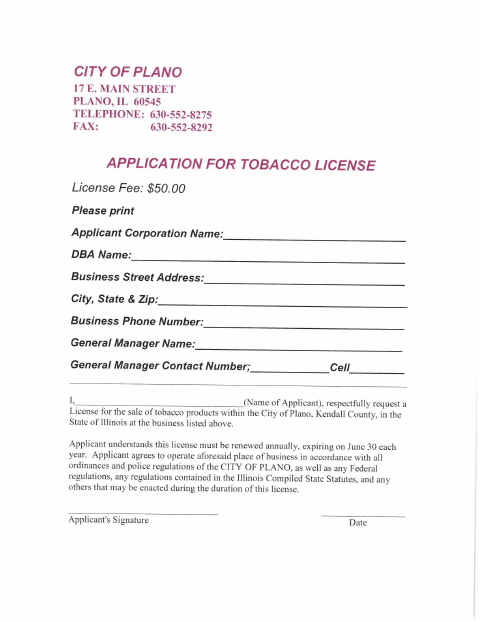First page of the Tobacco License Application