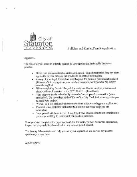 First page of the Building and Zoning Permit Application