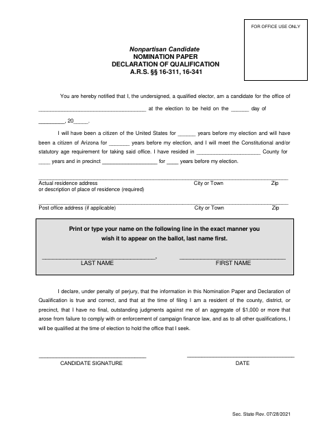First page of the Nonpartisan Candidate Nomination Paper