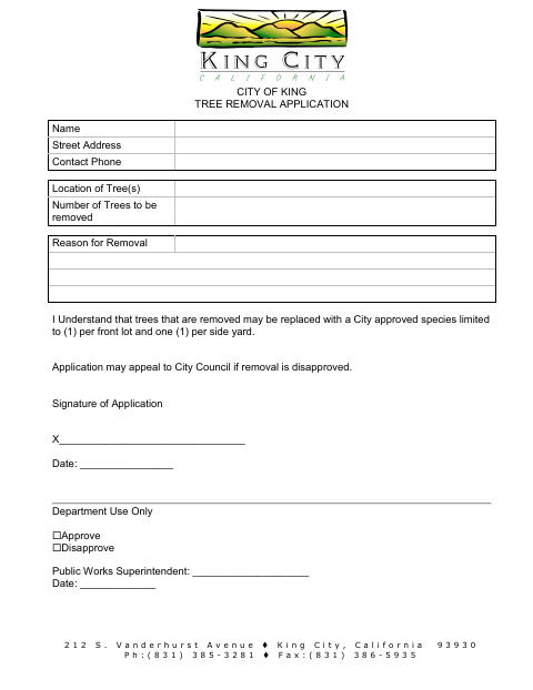First page of the Tree Removal Application