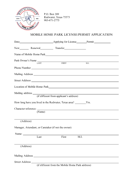 First page of the Mobile Home Park License/Permit Application