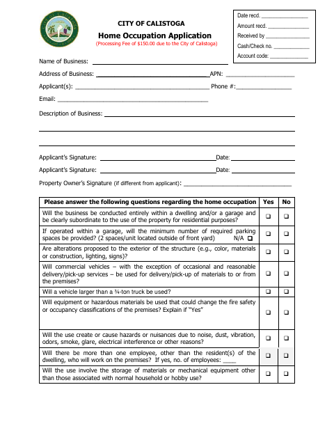 First page of the Home Occupation Application