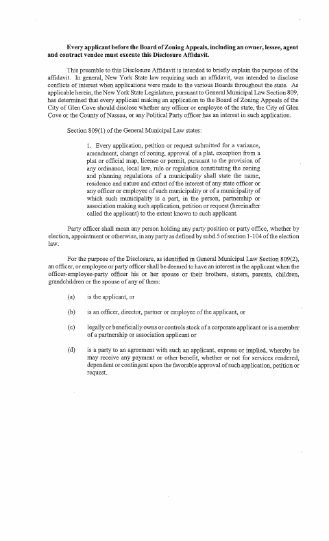First page of the Zoning Appeals Disclosure Affidavit