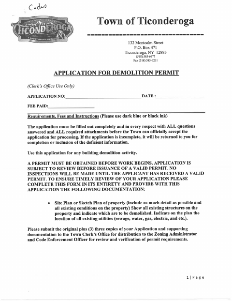 First page of the Demolition Permit Application
