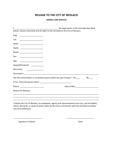 First page of the Release to Animal Care Services