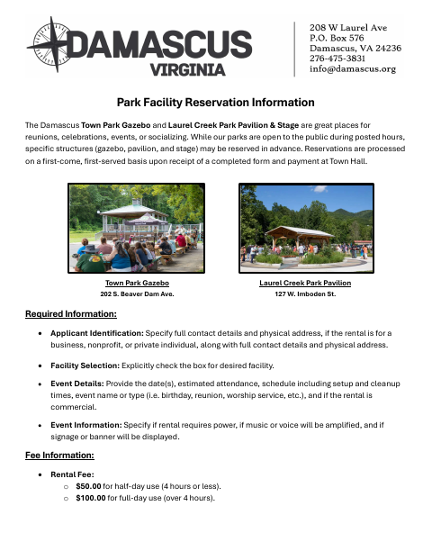 First page of the Park Facility Reservation Application