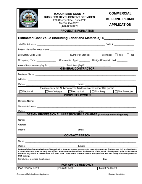 First page of the Commercial Building Permit Application