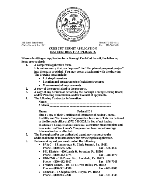 First page of the Curb Cut Permit Application