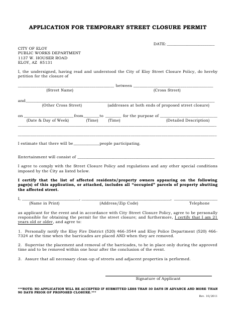 First page of the Application for Temporary Street Closure Permit