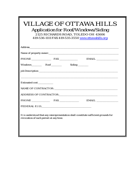First page of the Application for Roof/Windows/Siding