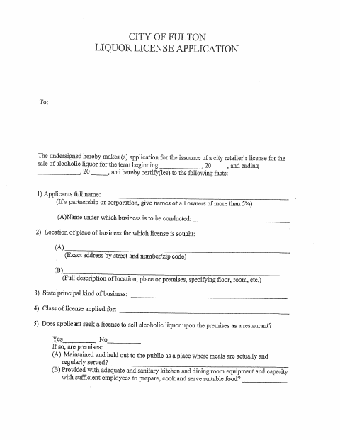 First page of the Liquor License Application