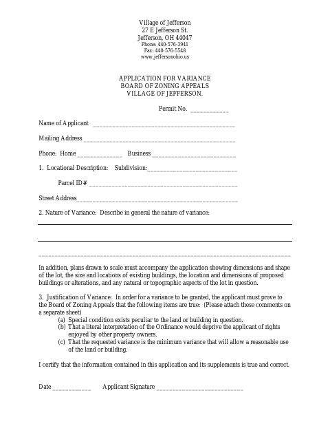 First page of the Application for Variance – Board of Zoning Appeals