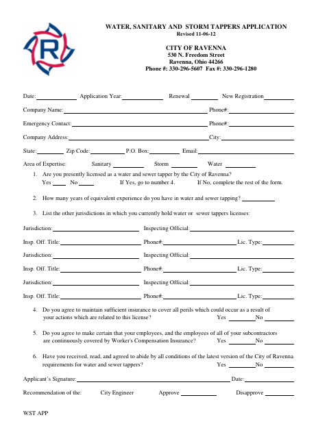 First page of the Water, Sanitary and Storm Tappers Application
