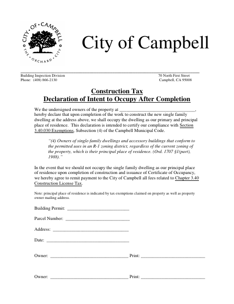 First page of the Construction Tax Declaration of Intent to Occupy After Completion