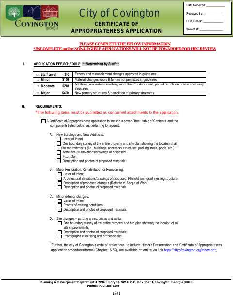First page of the Certificate of Appropriateness Application
