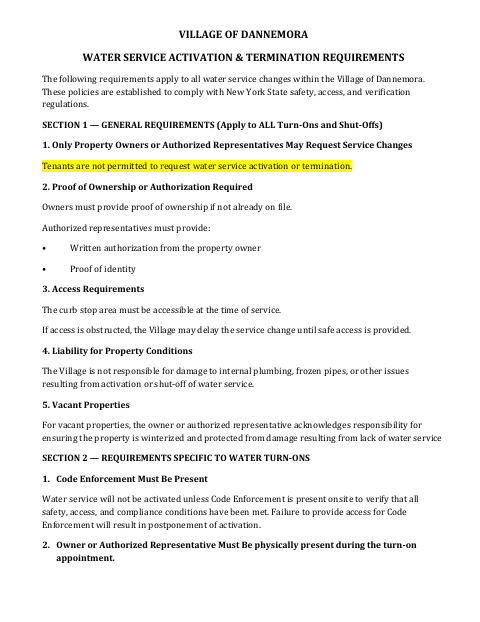 First page of the Water Service Request Form