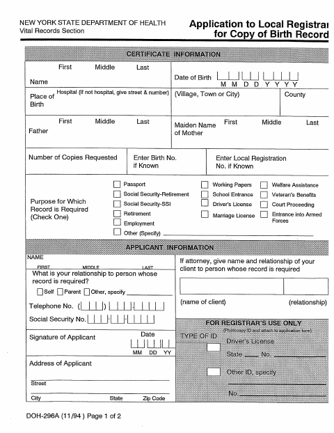 First page of the Application to a Local Registrar for a Copy of a Birth Record