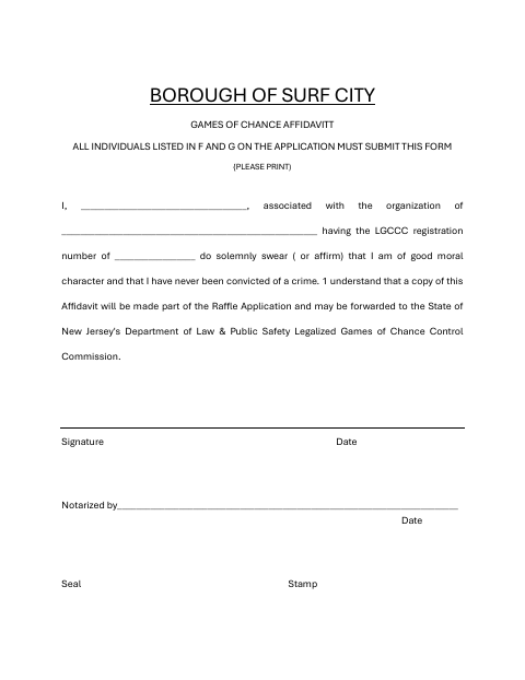 First page of the Games of Chance Raffle Affidavit
