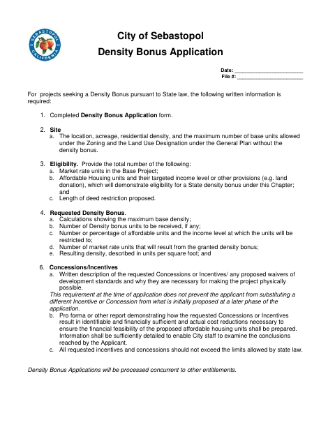 First page of the Density Bonus Application