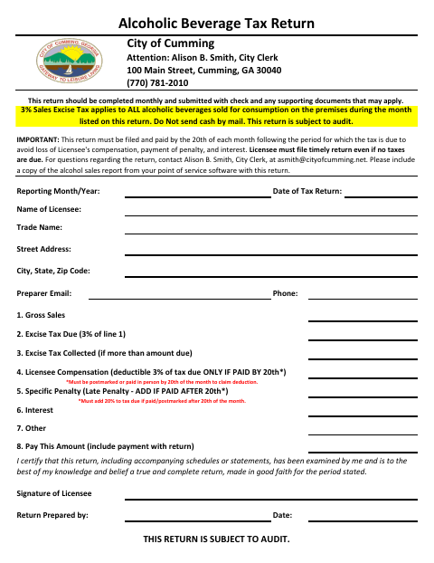 First page of the Alcoholic Beverage Tax Return