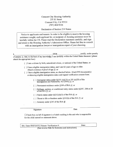 First page of the Declaration of Section 214 Status