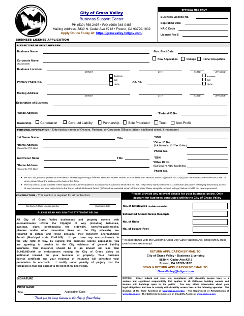 First page of the Business License Application