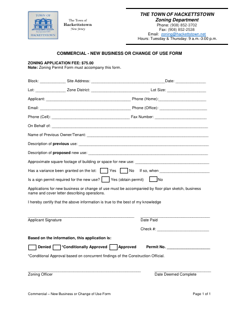 First page of the Commercial New Business or Change of Use Form