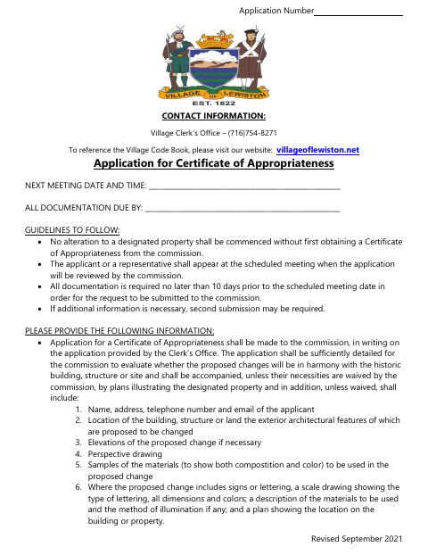 First page of the Application for Certificate of Appropriateness