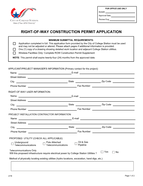 First page of the Right-of-Way Construction Permit Application