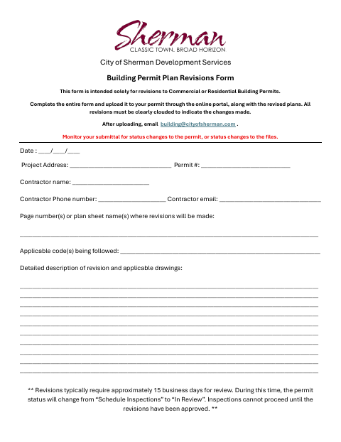 First page of the Building Permit Plan Revisions Form