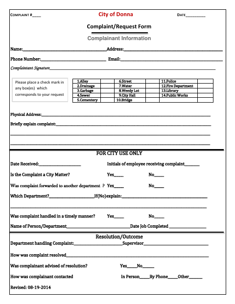 First page of the Complaint/Request Form