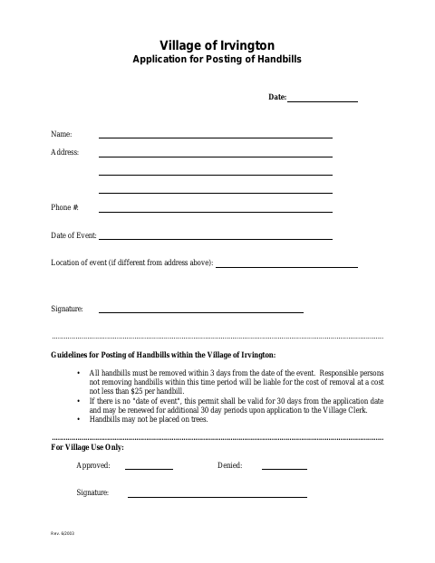 First page of the Application for Posting of Handbills