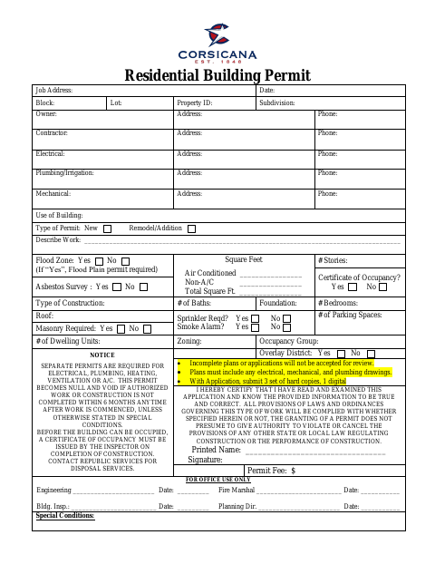 First page of the Residential Building Permit