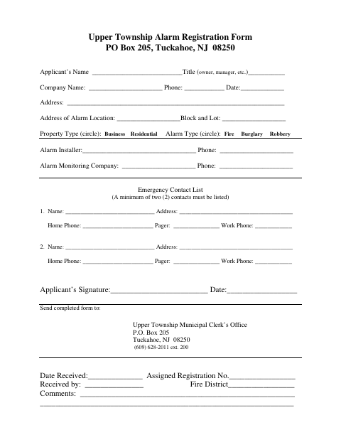 First page of the Alarm Registration Form