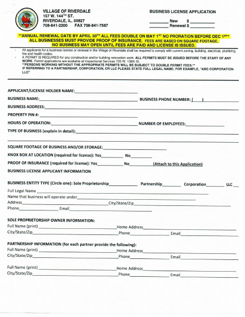 First page of the Business License Application