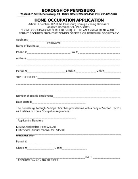 First page of the Home Occupation Application