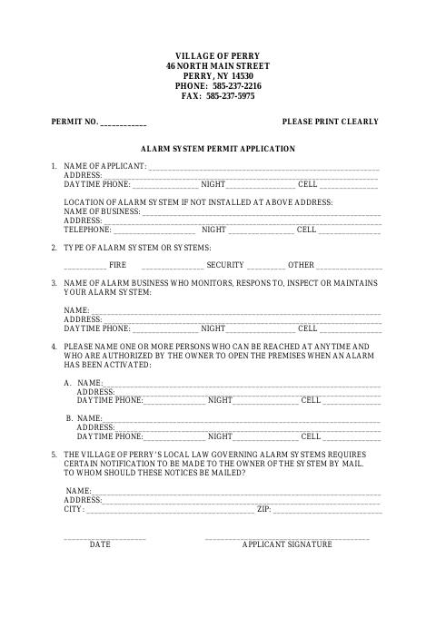First page of the Alarm System Permit Application