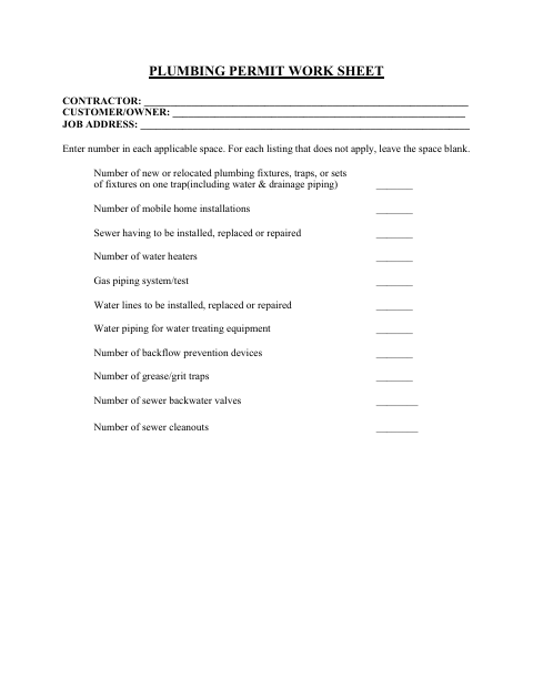 First page of the Plumbing Permit Work Sheet