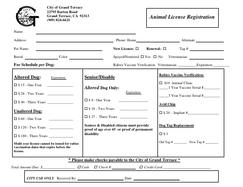 First page of the Animal License Registration