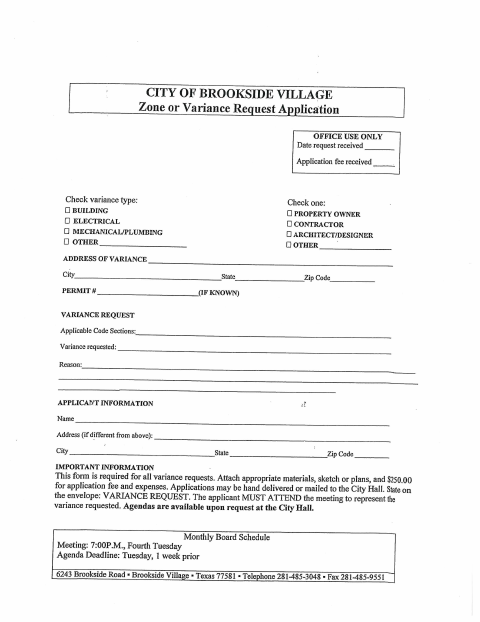 First page of the Zone or Variance Request Application