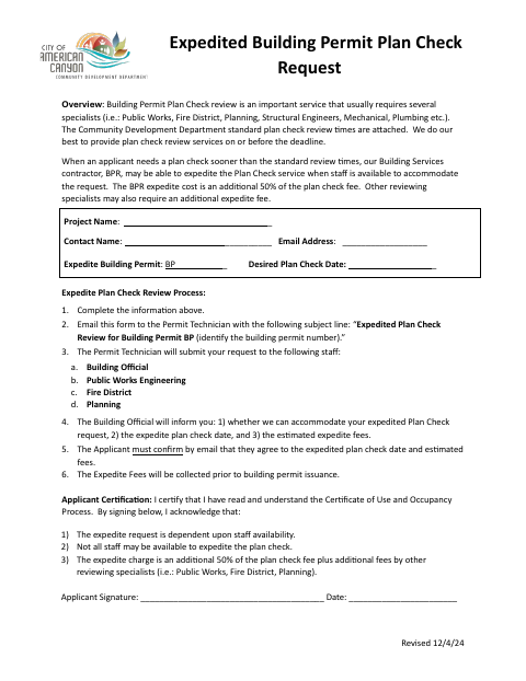 First page of the Expedited Building Permit Plan Check Request