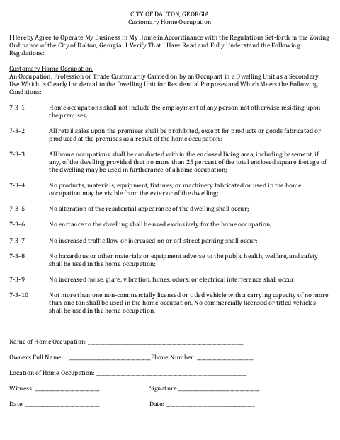 First page of the Customary Home Occupational Tax - Additional Attachment